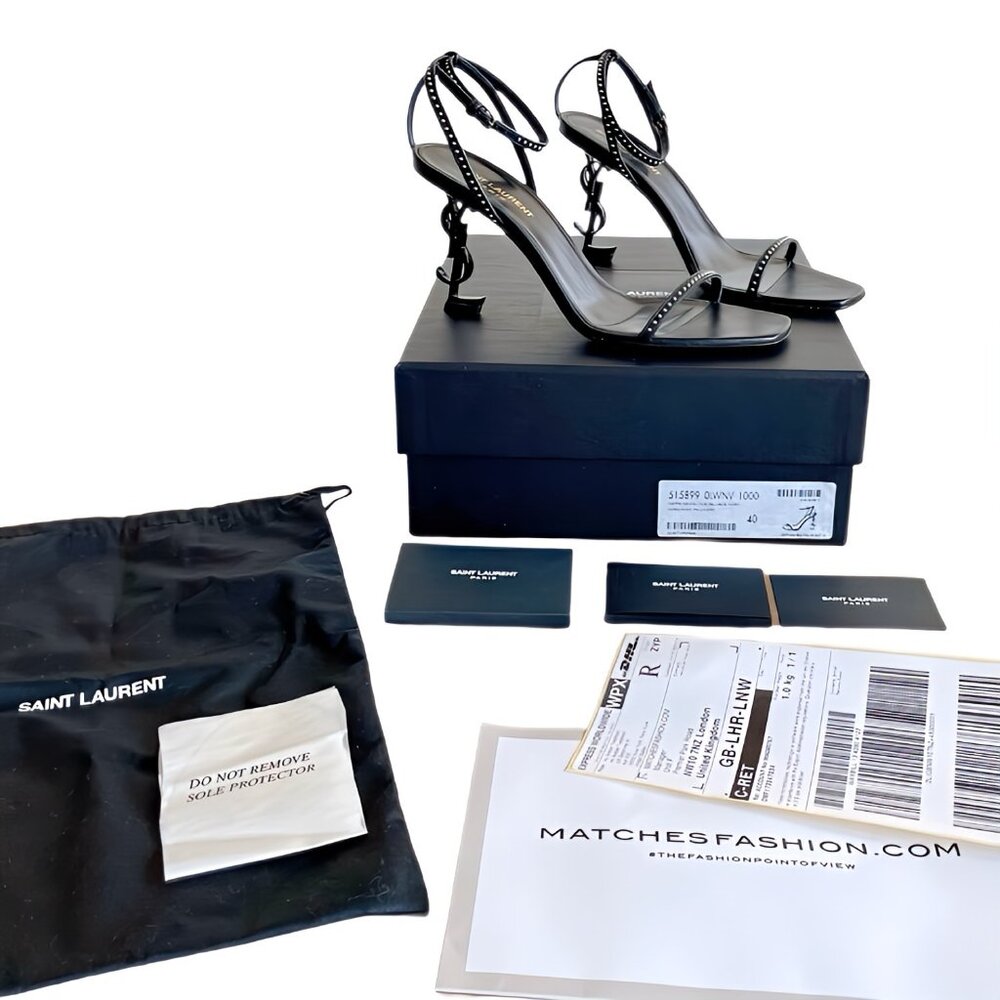 Saint Laurent YSL Opyum 85 Logo Open-Toe Heels Black Leather Tiny Studs SZ 39.5